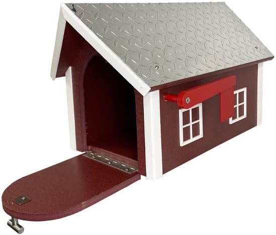 Amish Recycled Plastic Deluxe Mailbox, Cherrywood & White, Extra Large Barn-Style Mailbox with Diamond Plate Metal Roof, Durable Poly Lumber Construction, Post Mount, Made in USA