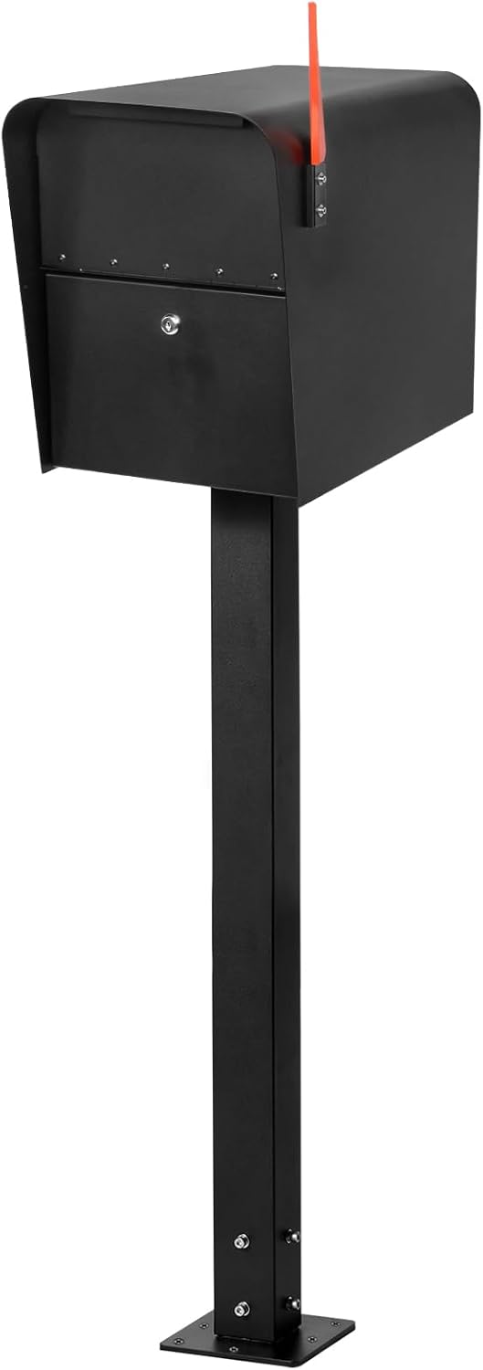 43 Inch Steel Mailbox Post with Post Base, Heavy Duty In-Ground Mounting Post for Outside, Q235 Mail Box Post for Street Curbside, Mailbox Post Kit for Sidewalk, Black