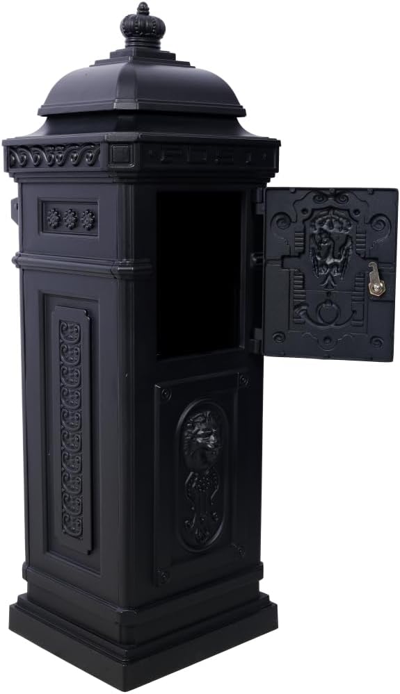 Copper Mailbox, Large Lockable Package Drop Box with Roman Statue, Rustproof Cast Aluminum Mail Boxes for Outside, Vintage Post-Mount Design, Weatherproof & Elegant Garden Letter Box (Black)