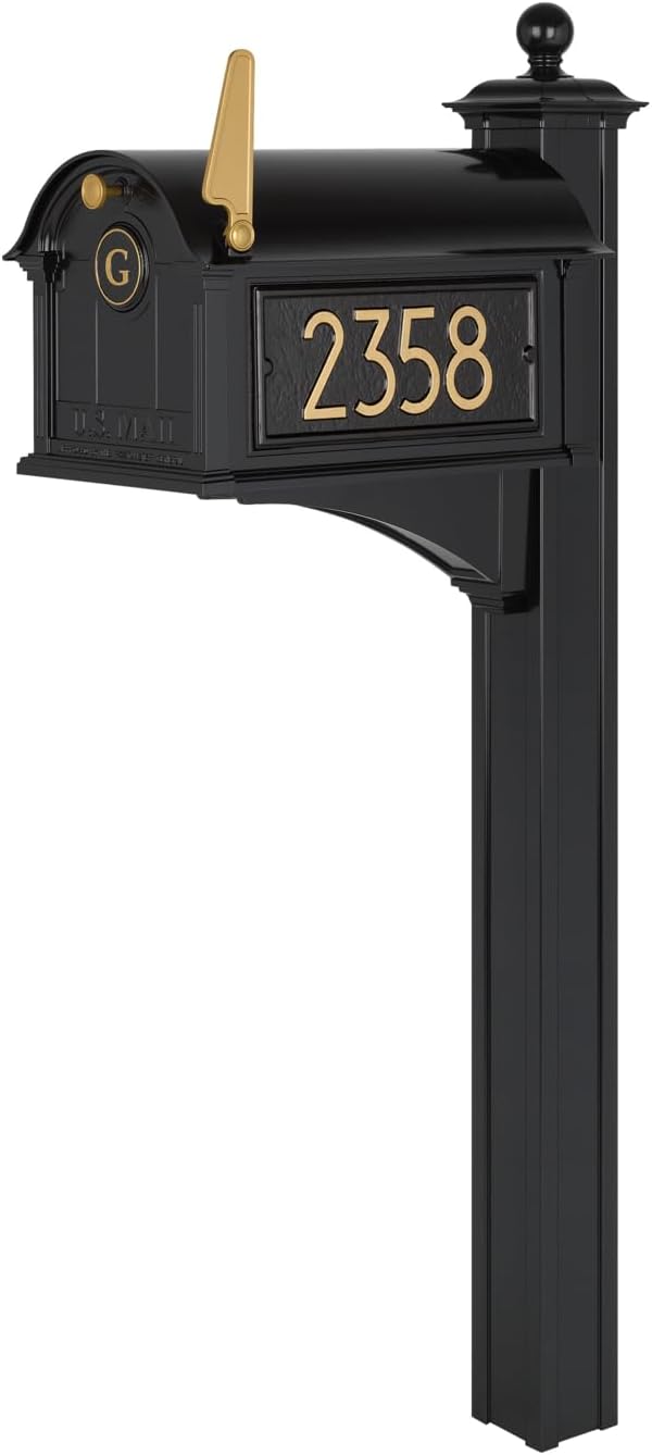 Whitehall Custom Extra Large Mailbox - Balmoral Model with Modern Style Address Plaques, Monogram and Side Mount Post Package, Sand Cast Aluminum, Black Personalized in Goldtone