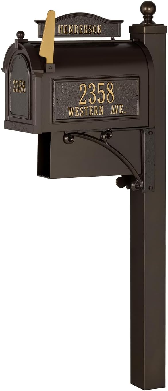 Whitehall Ultimate Mailbox Package, Personalized Large Mailbox with Post and Address Plaque for Outside - Bronze/Gold