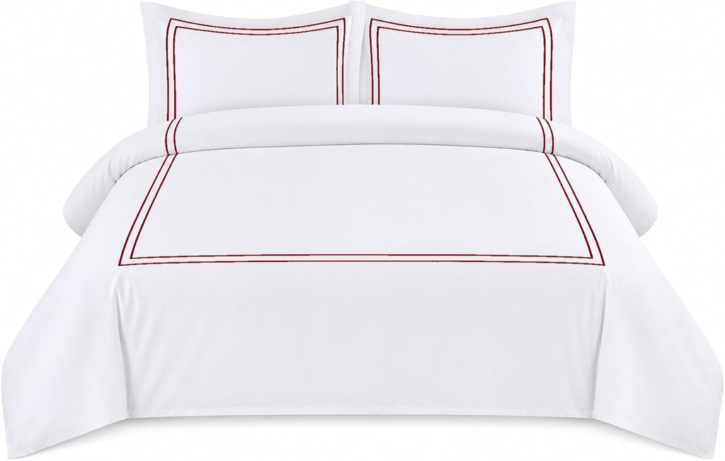 BedDecor Luxury 400-TC Egyptian Cotton 5PC Embroidered Duvet Cover Set with Beautiful 2-Stripe Embroidery(Burgundy, Full/Queen)