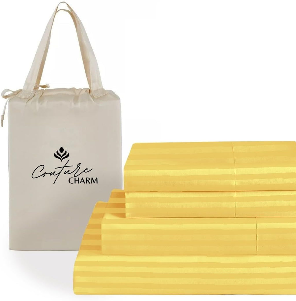 Queen Size 1000 Thread Count 100% Egyptian Cotton Sheet Set, 4-Piece, Sateen Weave with 10-12' Deep Pocket, Snug Fit (Stripe, Gold)
