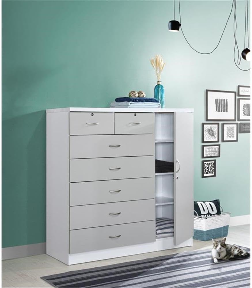 BOWERY HILL 7-Drawer Chest with Locks, Adjustable Shelves & Hanging Rod, Gray Wood, 48.6 in. H x 47.2 in. W x 17.6 in. D, Metal Roller Glides, Safety Stops, Side Door Storage, Bedroom Furniture