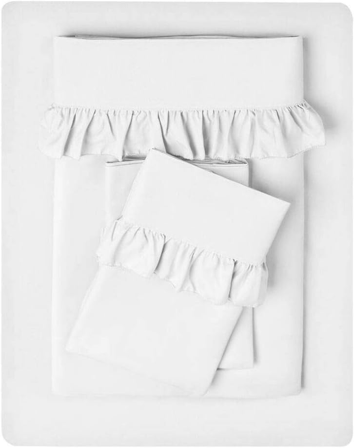 4-Piece Queen XL Size, Shabby Chic Ruffle Sheets Set French Country Bedding 100% Egyptian Cotton Vintage Bed Sheet Set 15 Inch Deep Pockets Ruffled Bed Sheets White Solid