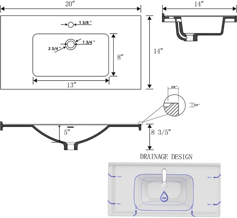 20' Small Bathroom Vanity Wall Mounted,Small Bathroom Vanity with Ceramic Sink, Modern Bathroom Vanity with Soft-Close Drawers, Chrome Faucet, Pop up Drain, P-Trap (Grey)