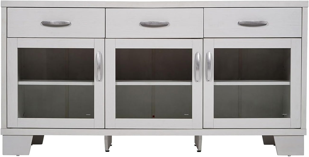 Flash Furniture Wells Modern Buffet Sideboard Storage Cabinet, Engineered Wood Construction, 3 Tempered Glass Soft Close Doors, 3 Drawers, 59', White