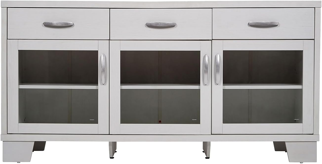 Flash Furniture Wells Modern Buffet Sideboard Storage Cabinet, Engineered Wood Construction, 3 Tempered Glass Soft Close Doors, 3 Drawers, 59', White