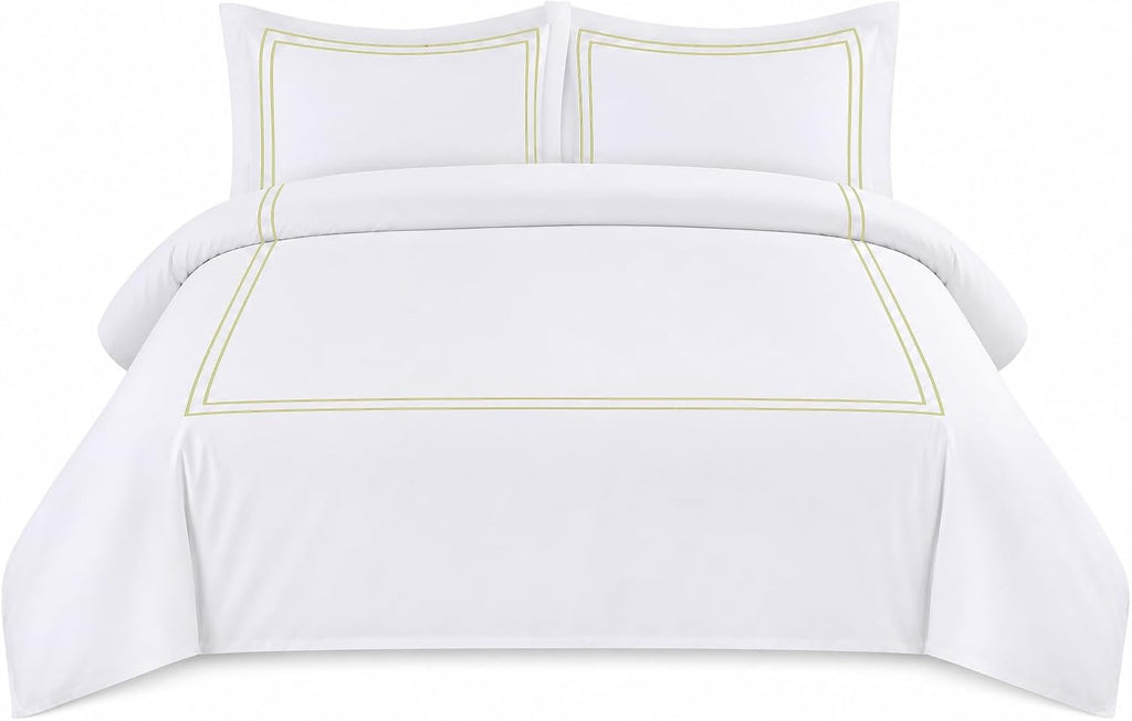 BedDecor Luxury 400-TC Egyptian Cotton 5PC Embroidered Duvet Cover Set with Beautiful 2-Stripe Embroidery(Beige, Full/Queen)