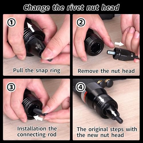 Heavy Duty Air Hydraulic Rivet Nut Tool with Quick-Change Nose-Piece Assembly for Metal, Plastic and Leather, Ideal for Fast and Efficient Riveting