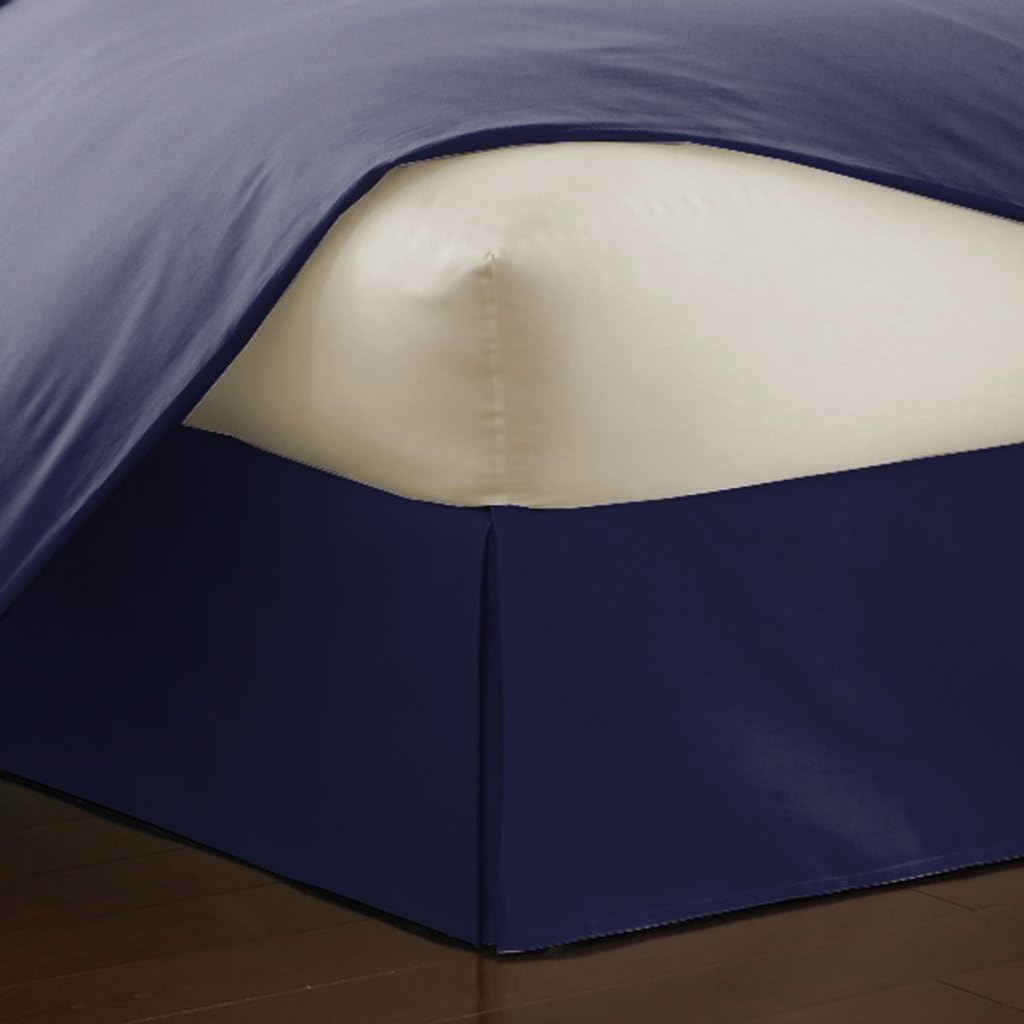 Crown Collection Hotel Beddings 600-Thread-Count 100% Egyptian Cotton 1 Piece Bed Skirt with 14' Drop Length Expanded Queen Size Damask Solid, Navy Blue