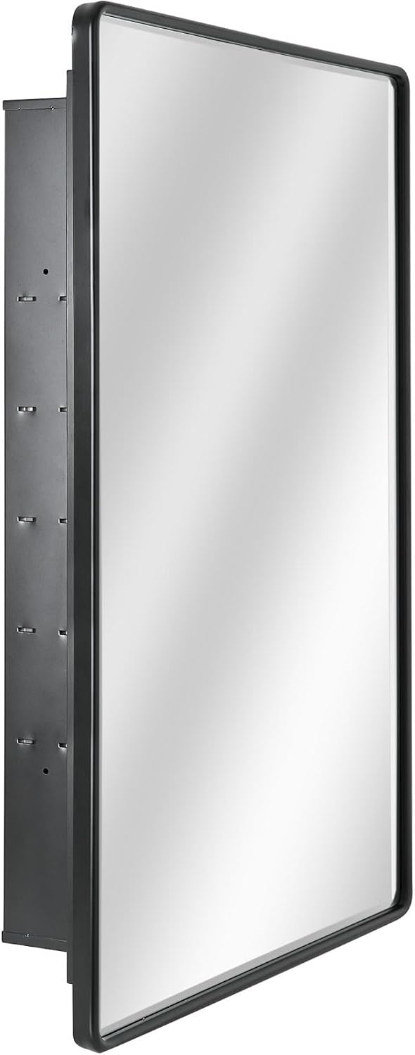 Head West Black Metal Medicine Cabinet Beveled Mirror, Bathroom Wall Mount Storage Organizer with Glass Shelves - 21' x 34'
