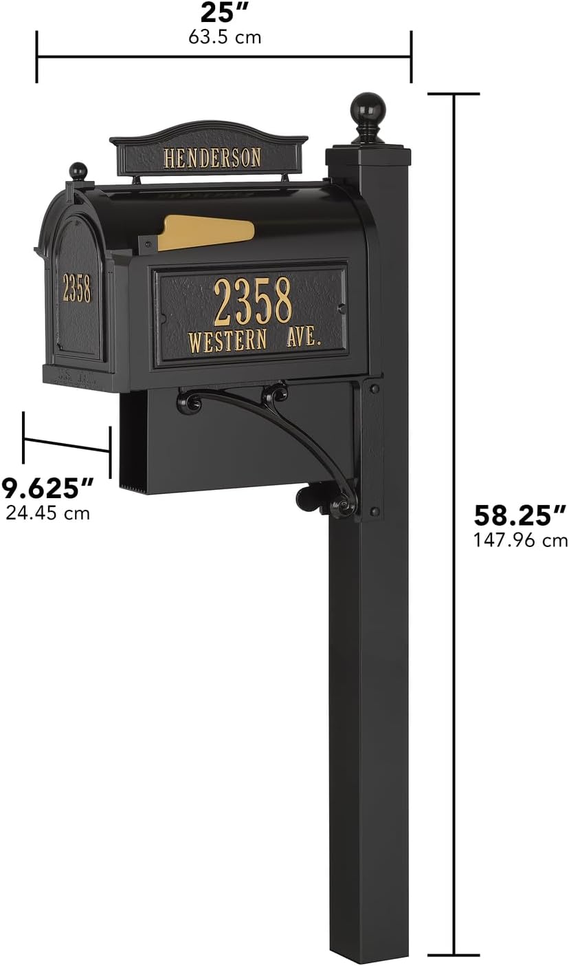 Whitehall Ultimate Mailbox Package, Personalized Large Mailbox with Post and Address Plaque for Outside - Black/Gold
