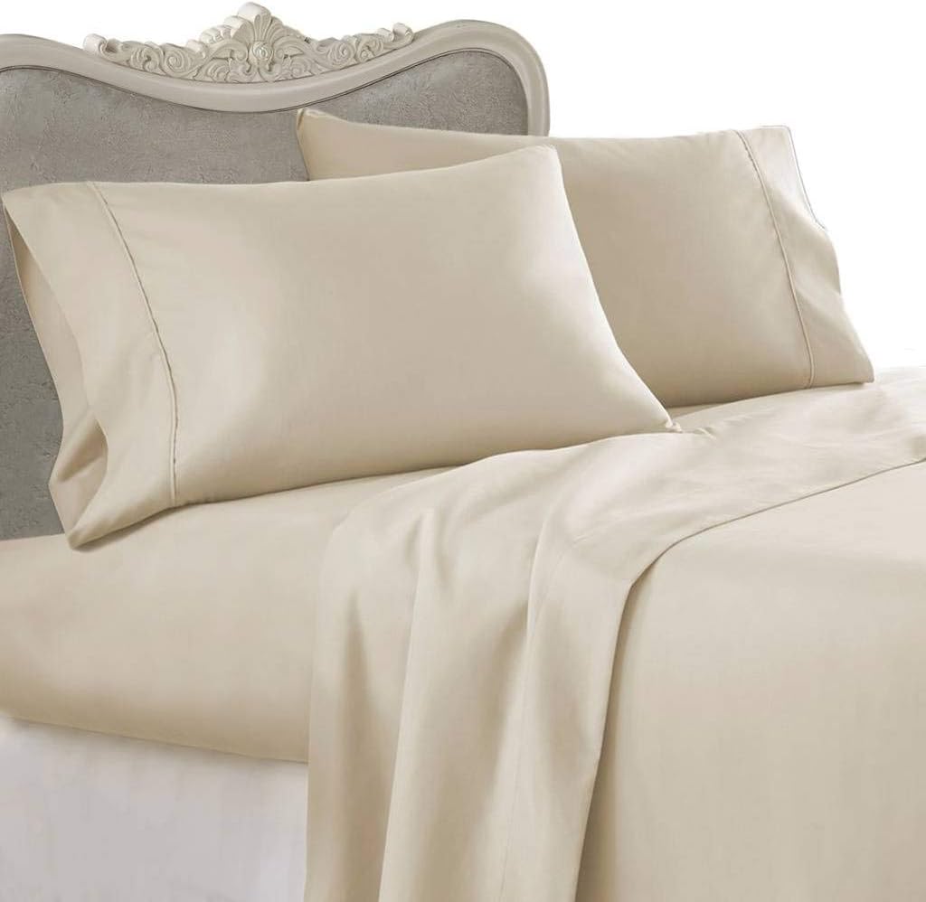 Split-Queen Sheets for Adjustable Bed Super Soft 1800-TC Heavy Egyptian Cotton 5-Piece Sheets Set Fits 7-9' Fully Elastic Deep Pocket (Solid, Beige)
