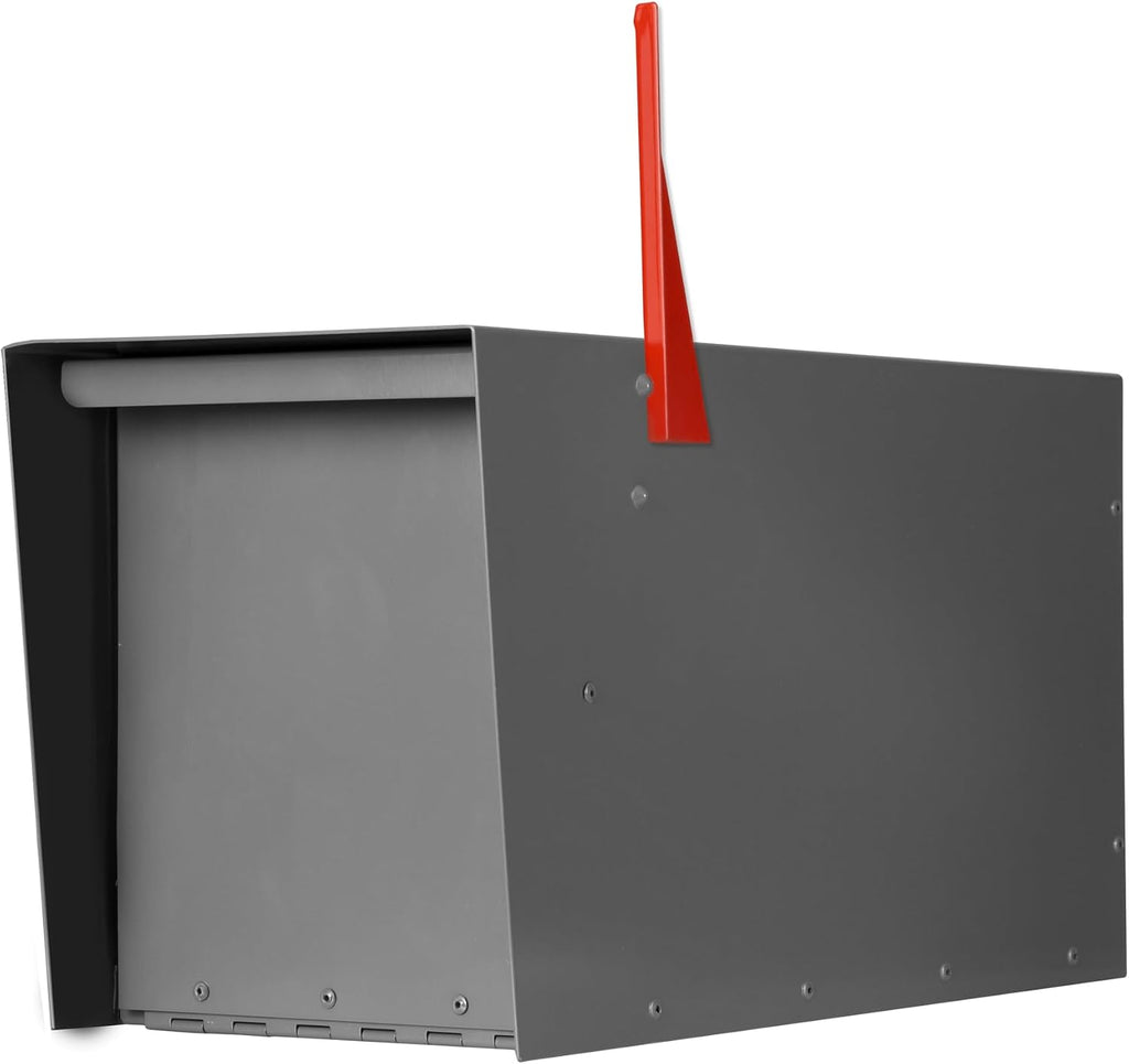 Ilyapa Modern Mailbox for Post Mount - Gray with Gray Door Powder Coated Steel, Waterproof Letter Box for Parcels, with Recessed Magnetic Close Door