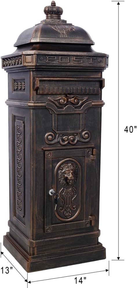 Copper Mailbox, Large Lockable Package Drop Box with Roman Statue, Rustproof Cast Aluminum Mail Boxes for Outside, Vintage Post-Mount Design, Weatherproof & Elegant Garden Letter Box (Bronze)