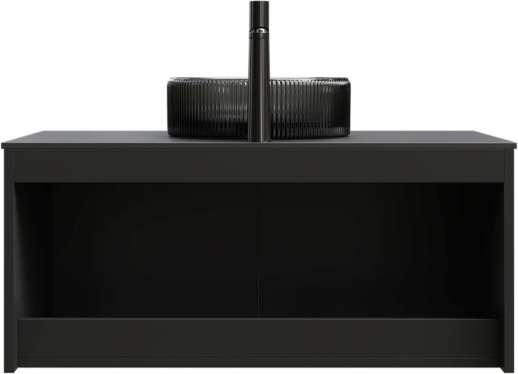 36 Inch Bathroom Vanity with Sink, Floating Fluted Vanity with Vessel Sink, Modern Bathroom Vanity Cabinet with 2 Doors with Metal Trim, Round Glass Sink & Sintered Stone Top, Black
