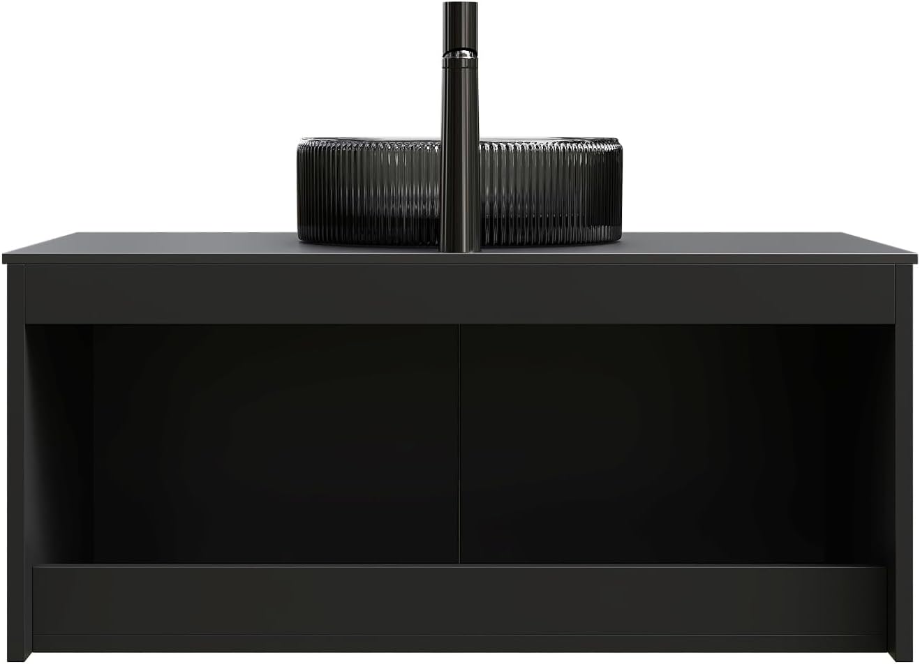 36 Inch Bathroom Vanity with Sink, Floating Fluted Vanity with Vessel Sink, Modern Bathroom Vanity Cabinet with 2 Doors with Metal Trim, Round Glass Sink & Sintered Stone Top, Black