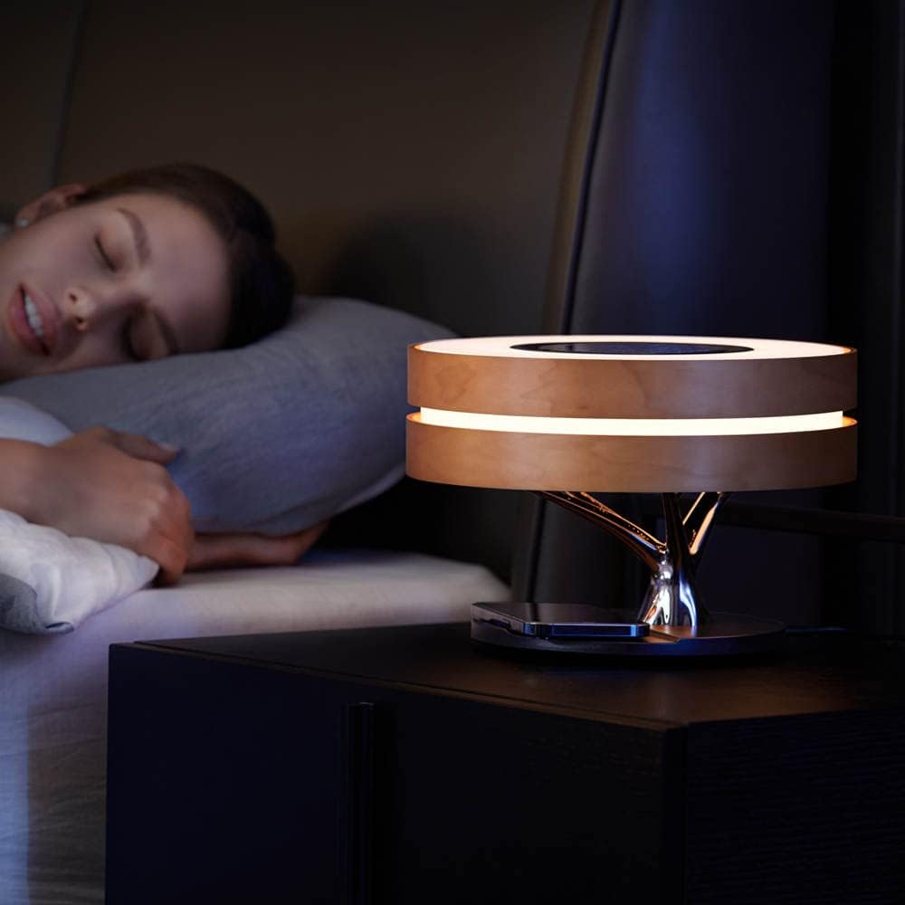 Bonsai Modern LED Bedside Smart Table Lamp with Built-in TWS Bluetooth Speaker and Qi Wireless Charger for Home and Office, Stepless Dimming with Sleep Mode (Circle of Light)