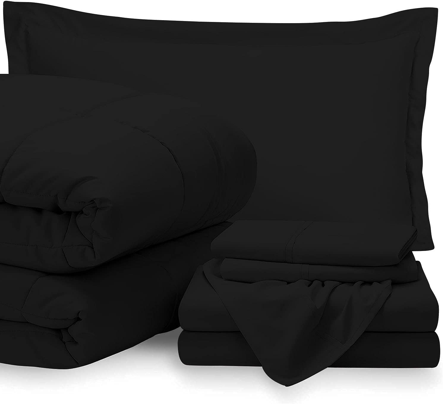 7 Piece Bed-in-A-Bag Comforter & Sheet Set 8-10' Deep Pocket, 100% Egyptian Cotton Queen Size, Black, Sets Include - 1Comforter, 1Flat Sheet,1Fitted Sheet, 2Pillowcase & 2Pillowsham
