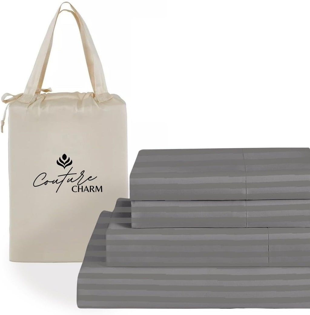 Queen Size 1000 Thread Count 100% Egyptian Cotton Sheet Set, 4-Piece, Sateen Weave, with 10-12'' Deep Pocket Snug Fit (Stripe, Grey)