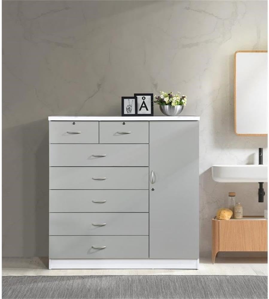 BOWERY HILL 7-Drawer Chest with Locks, Adjustable Shelves & Hanging Rod, Gray Wood, 48.6 in. H x 47.2 in. W x 17.6 in. D, Metal Roller Glides, Safety Stops, Side Door Storage, Bedroom Furniture