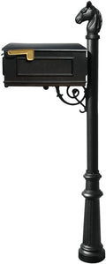 Lewiston Cast Aluminum Post Mount Mailbox System with Post, Aluminum Mailbox, Fluted Base and Horsehead Finial, Black, Ships in 2 boxes