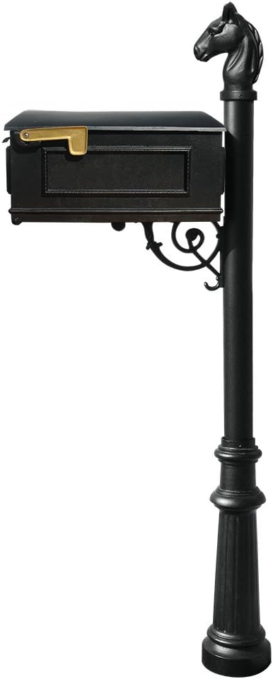 Lewiston Cast Aluminum Post Mount Mailbox System with Post, Aluminum Mailbox, Fluted Base and Horsehead Finial, Black, Ships in 2 boxes