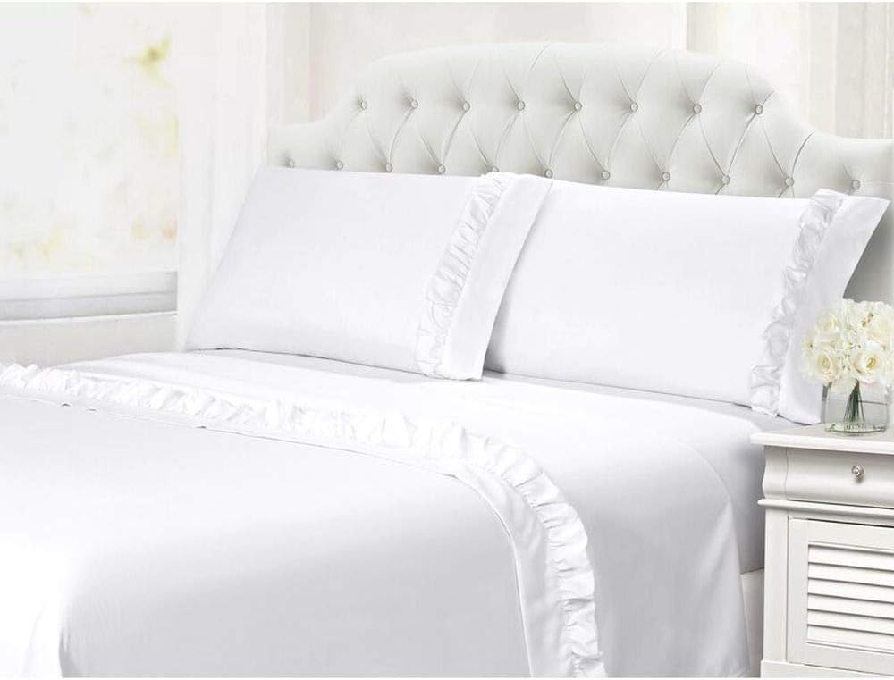 4-Piece King Size, Shabby Chic Ruffle Sheets Set French Country Bedding 100% Egyptian Cotton Vintage Bed Sheet Set 15 Inch Deep Pockets Ruffled Bed Sheets White Solid