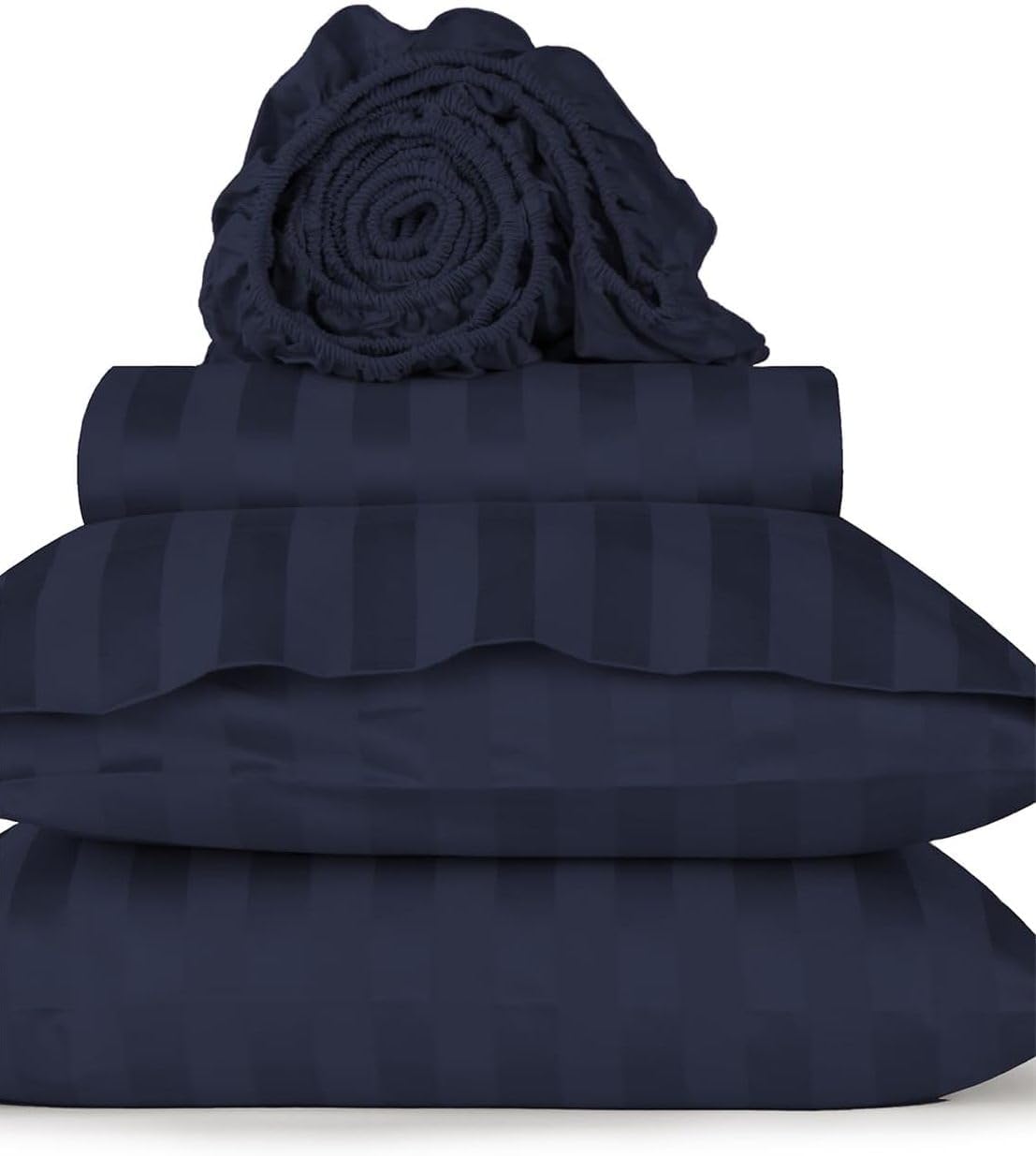 Damask Stripe RV Short Queen Size 7-Piece Duvet Cover and Bed Sheet Set 28 Inch Deep Pocket - Complete Luxury Soft 1000 Thread Count 100% Egyptian Cotton Bedding Set - Navy Blue