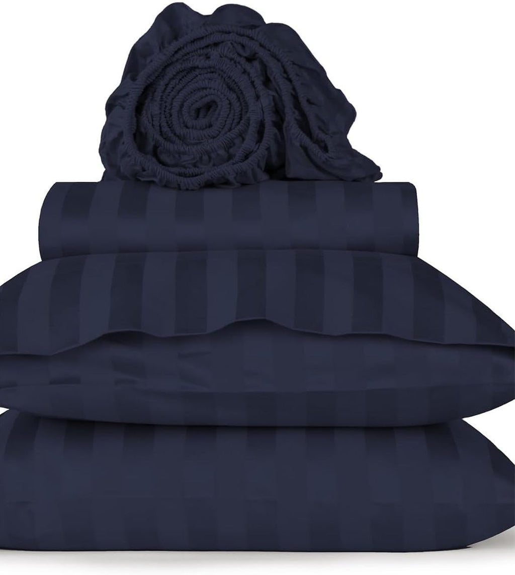 Damask Stripe Queen Size 7-Piece Duvet Cover and Bed Sheet Set 28 Inch Deep Pocket - Complete Luxury Soft 1000 Thread Count 100% Egyptian Cotton Bedding Set - Navy Blue