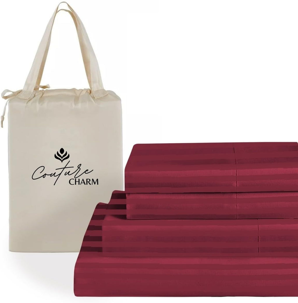 Queen Size 1000 Thread Count 100% Egyptian Cotton Sheet Set, 4-Piece, Sateen Weave, with 10-12' Deep Pocket Snug Fit (Stripe, Burgundy)