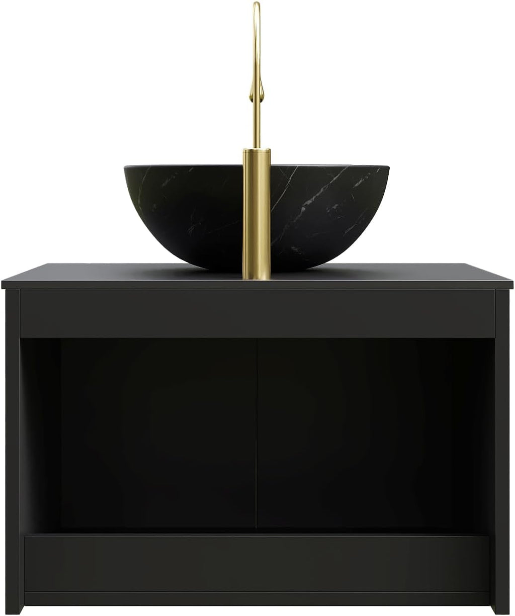 24 Inch Bathroom Vanity with Sink, Small Floating Fluted Vanity with Vessel Sink, Modern Wall Mounted Bathroom Vanity Cabinet with 2 Doors, Bowl Ceramic Sink & Sintered Stone Top, Black