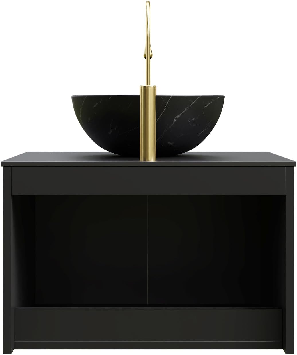24 Inch Bathroom Vanity with Sink, Small Floating Fluted Vanity with Vessel Sink, Modern Wall Mounted Bathroom Vanity Cabinet with 2 Doors, Bowl Ceramic Sink & Sintered Stone Top, Black
