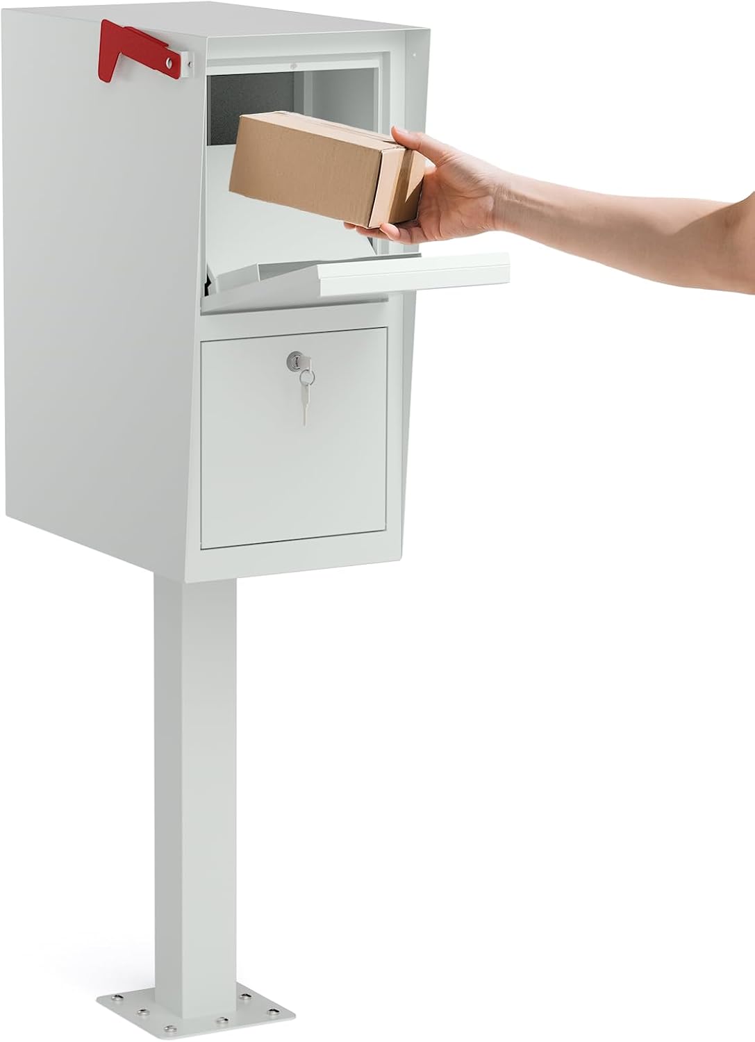POCHAR Curbside Large Mailbox for Outside with Post - Locking Mailbox Post Mount with Base Plate - Weekend-Away Design Large Street Mail Box (White)