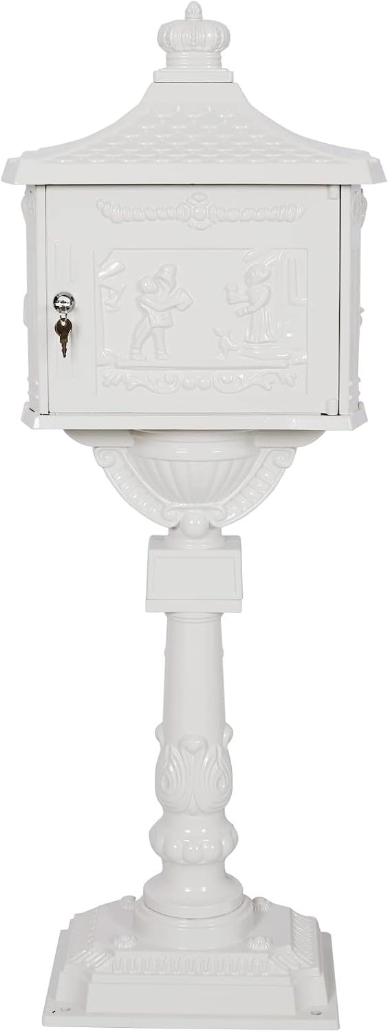 Antique Locking Mailboxes for Outside Aluminum Freestanding Mailbox with Post, Heavy Duty Mail Boxes for House with Post, White