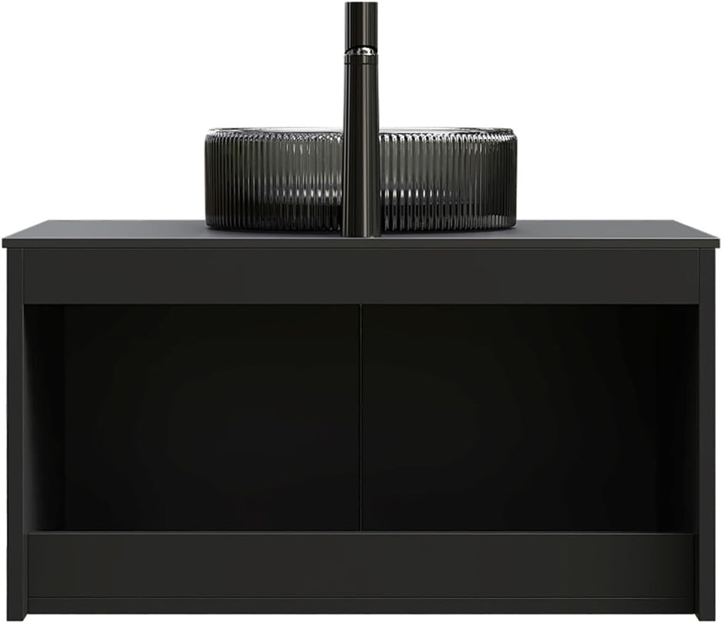 30 Inch Bathroom Vanity with Sink, Floating Fluted Vanity with Vessel Sink, Modern Bathroom Vanity Cabinet with 2 Doors with Metal Trim, Round Glass Sink & Sintered Stone Top, Black