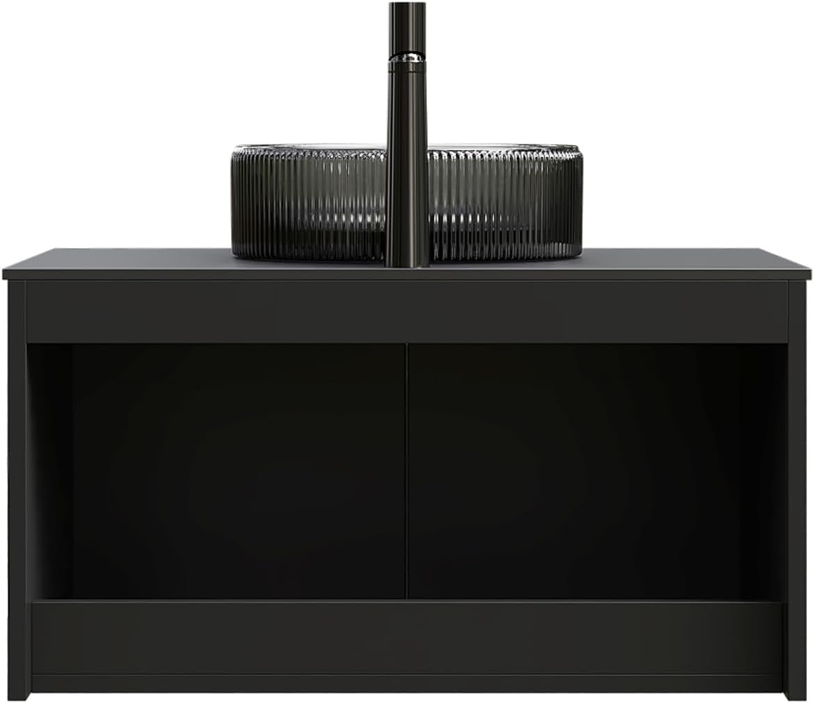 30 Inch Bathroom Vanity with Sink, Floating Fluted Vanity with Vessel Sink, Modern Bathroom Vanity Cabinet with 2 Doors with Metal Trim, Round Glass Sink & Sintered Stone Top, Black