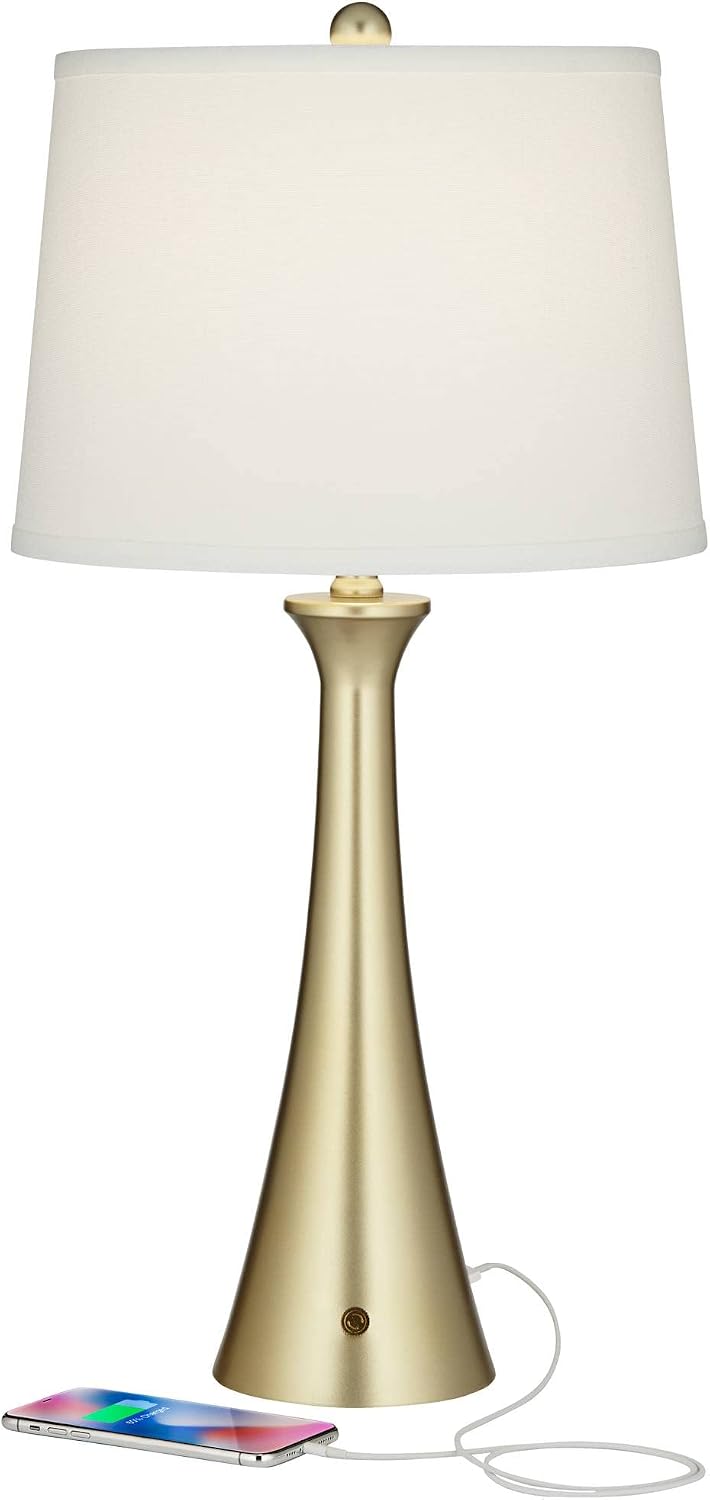 360 Lighting Karl 27 1/2' Tall Modern Set of 2 Table Lamps with USB Ports A+C Charging Full Range Dimmer Gold Metal Living Room Bedroom Bedside Nightstand House Office Home Reading White Shade