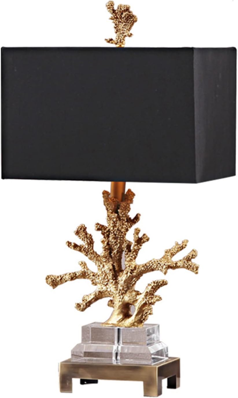 PURESILKS 27' Crystal Table Lamp,Gold Coral Design and Rectangular Fabric Shade,Nordic Style LED Desk Lamp Modern Bedside Table Lamp for Bedroom,Living Room, Office
