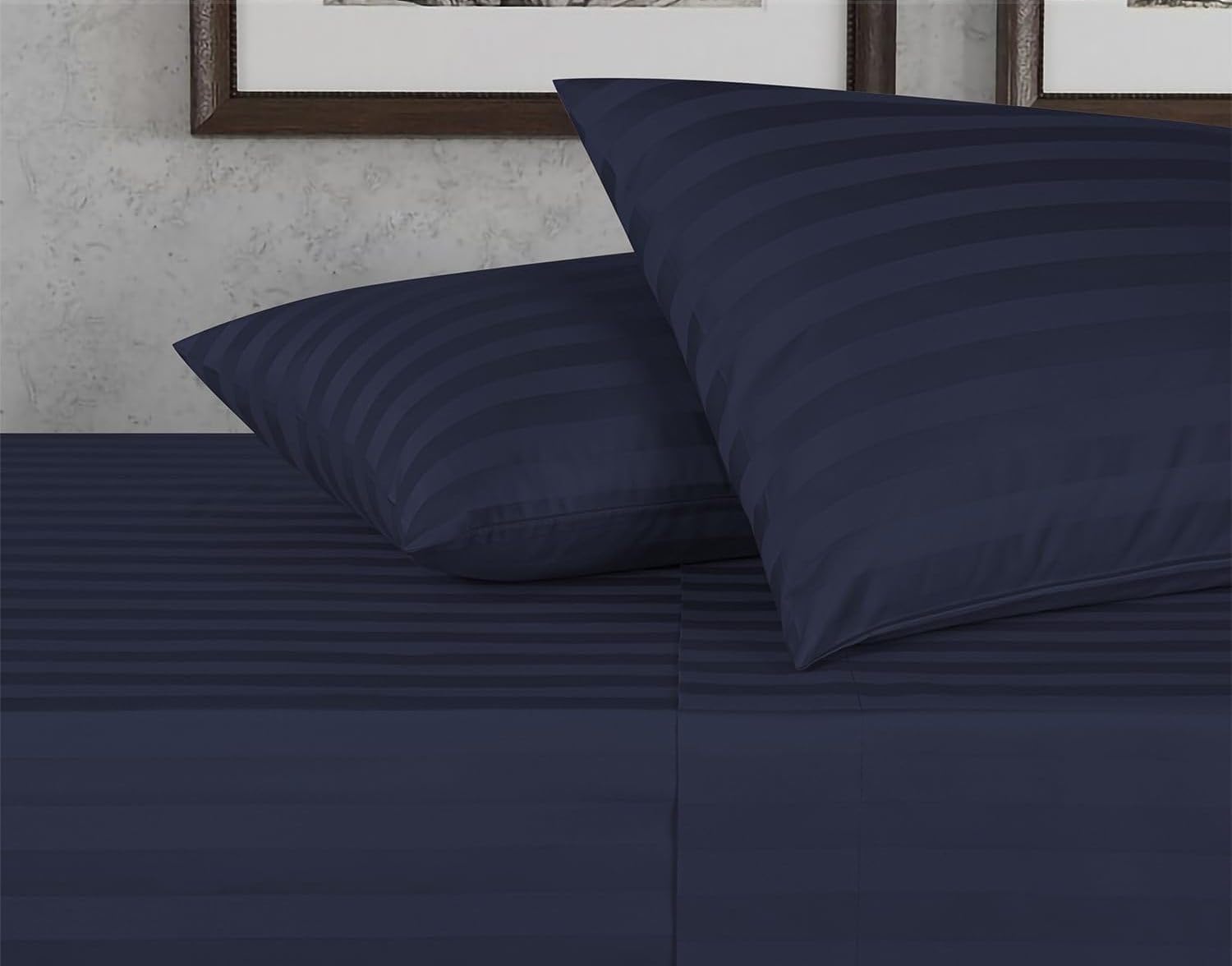Damask Stripe Full XL Size 7-Piece Duvet Cover and Bed Sheet Set 28 Inch Deep Pocket - Complete Luxury Soft 1000 Thread Count 100% Egyptian Cotton Bedding Set - Navy Blue
