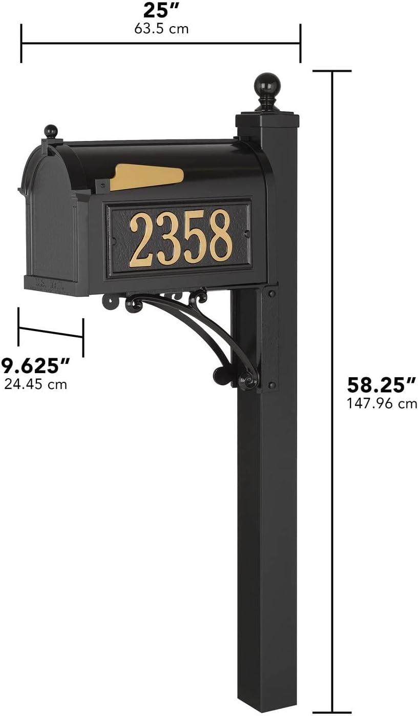 Whitehall Custom Extra Large Mailbox - Capitol Model with Address Plaque and Side Mount Post Package, Sand Cast Aluminum, Black Personalized in Goldtone