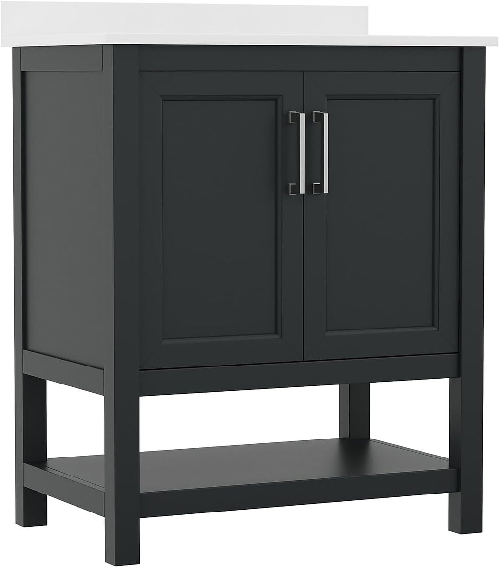 Flash Furniture Vega 30 Inch Bathroom Vanity with Sink Combo, Storage Cabinet with Soft Close Doors and Open Shelf, Carrara Marble Finish Countertop, Black