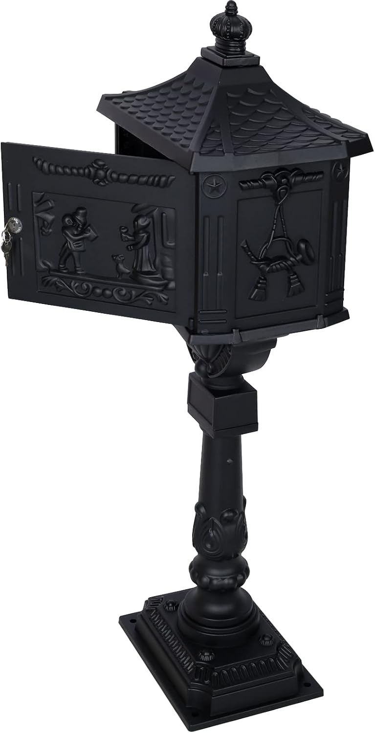 Montary Cast Aluminum Mailbox with Post, Heavy Duty Locking Security Mail Box for House Outside, Vintage Rust-Proof Large Postal Box with Keys & Baffle Door Postal Mailbox (Black)