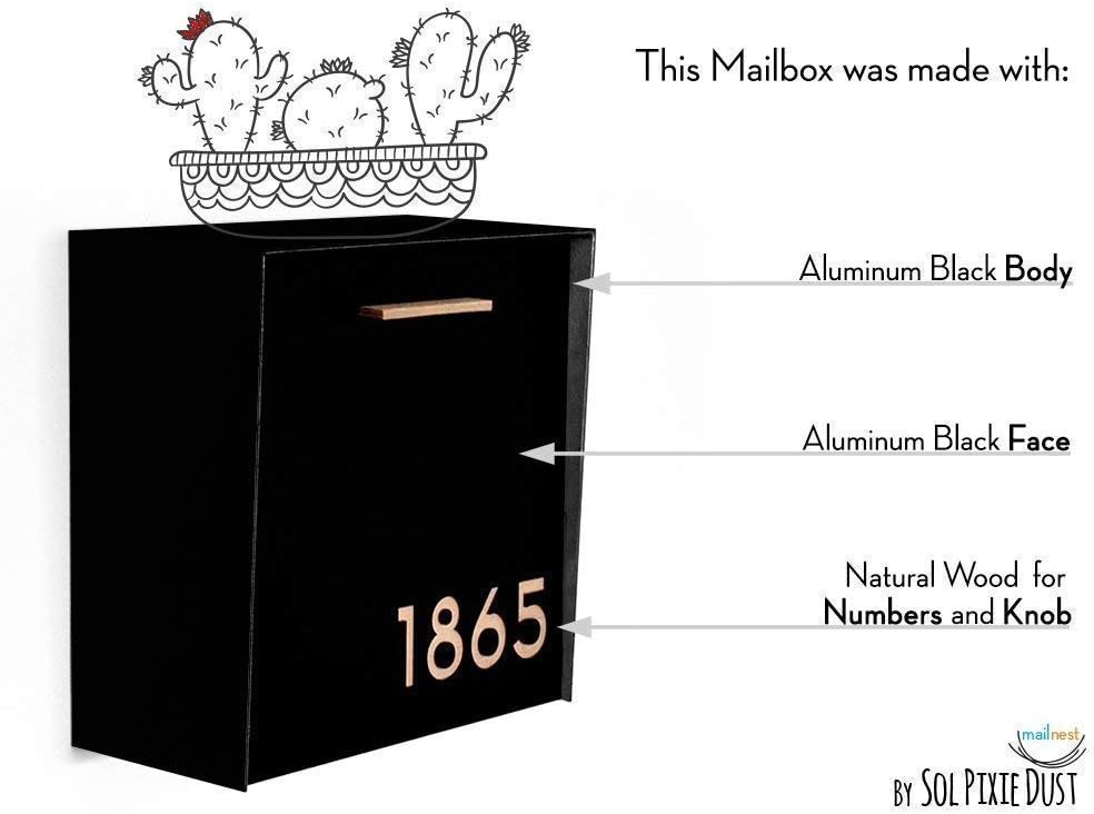 Wall Mounted Mailbox - Aluminum (ACP) Aluminum Black Face and Body and Natural Wood Numbers - Modern Design - Custom Mailbox - Postbox - Letterbox - Mailnest, Type 1
