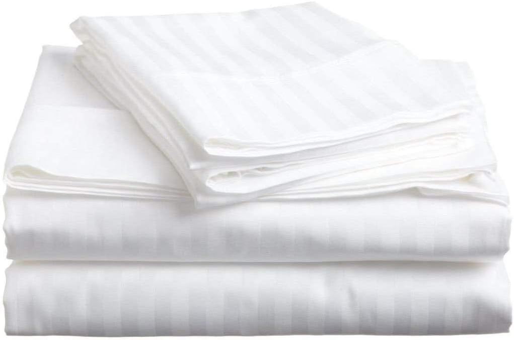 1800-TC Heavy Egyptian Cotton 6-PCs Sheet Set (1 Fitted, 1 Flat, 4 Pillowcase) King Size, White Color, Stripe Style (Features : Fully Elastic Fitted Sheet Fits 21-23' Pocket)