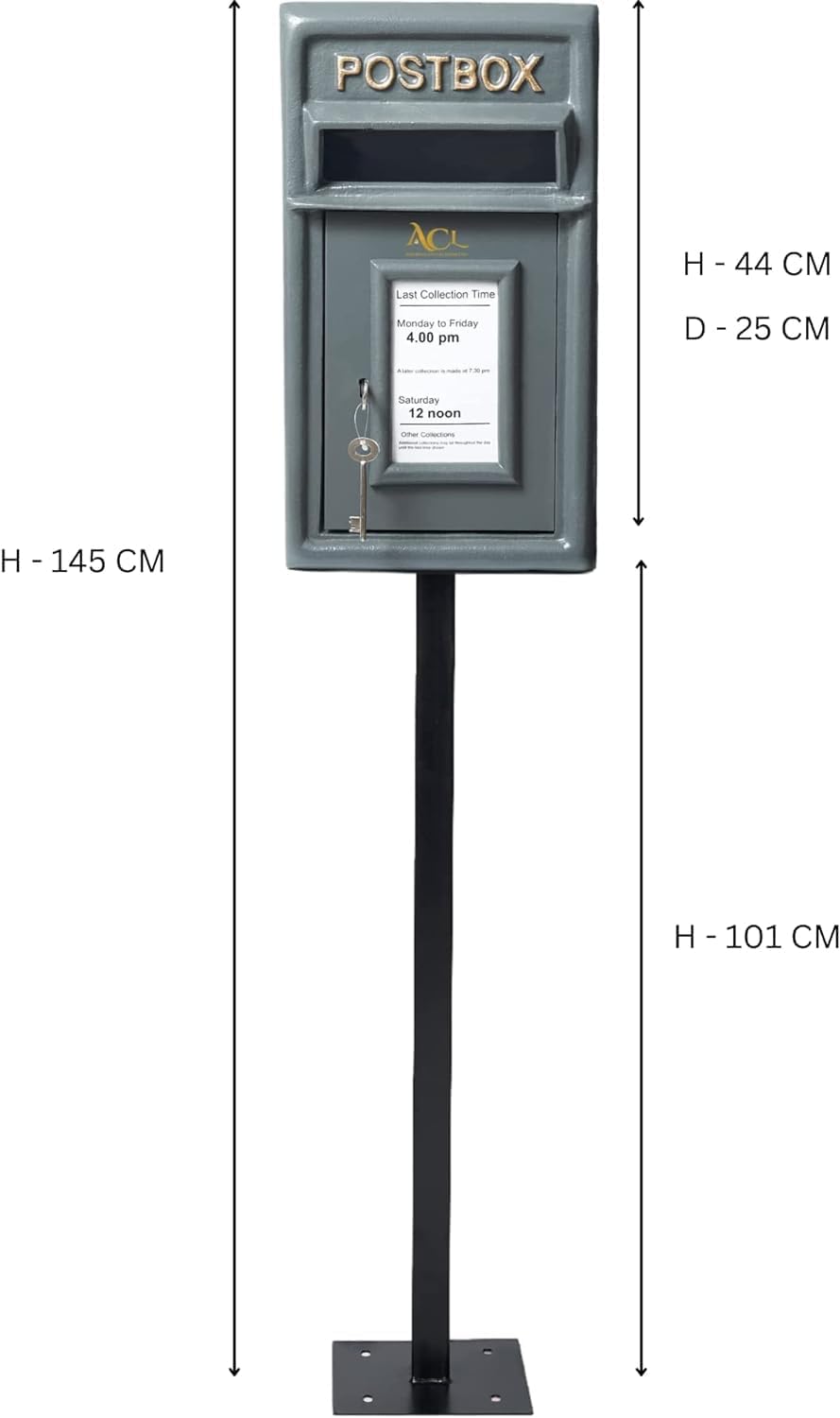 Post Box Classic Grey Large Letter Box Lockable with 2 Keys, Pole Mounted Heavy Duty Cast Iron Mail Box for Home Weatherproof Mailbox Easy to Install, 44 x 24 x 25 cms, 12.8 kg