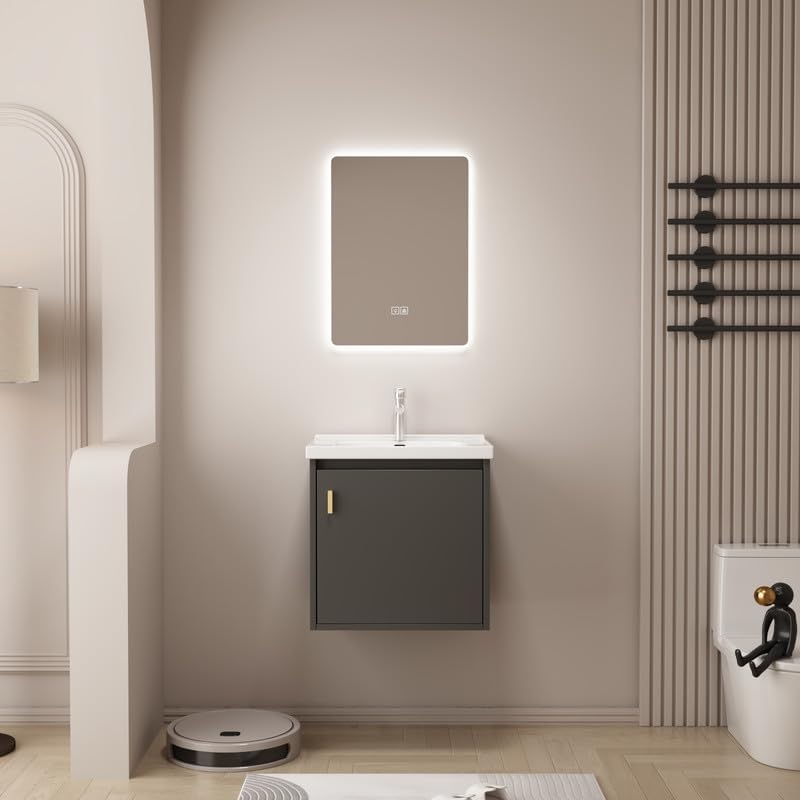 20' Small Bathroom Vanity Wall Mounted,Small Bathroom Vanity with Ceramic Sink, Modern Bathroom Vanity with Soft-Close Drawers, Chrome Faucet, Pop up Drain, P-Trap (Grey)