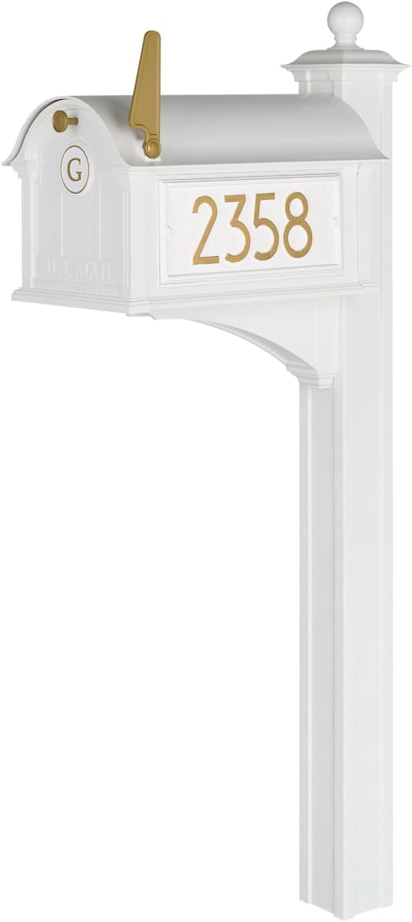 Whitehall Custom Extra Large Mailbox - Balmoral Model with Modern Style Address Plaques, Monogram and Side Mount Post Package, Sand Cast Aluminum, White Personalized in Goldtone