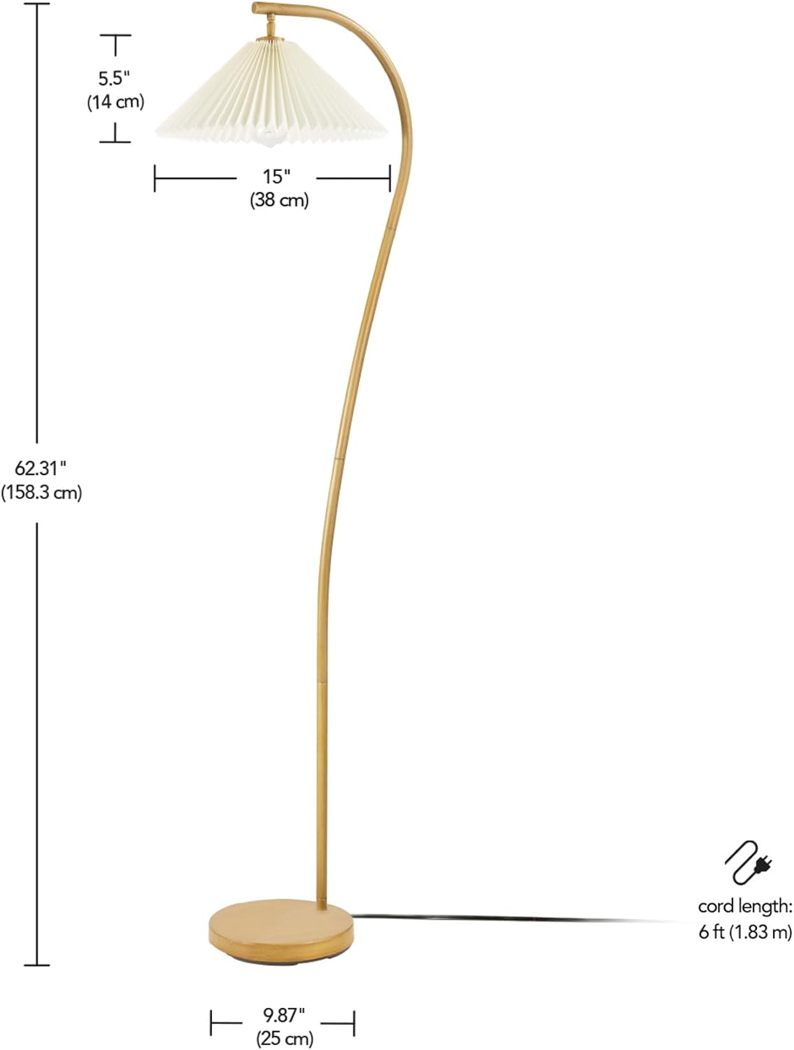 Globe Electric x Novogratz 61000043 62' Floor Lamp, Wood Toned, White Pleated Shade, Pivot Joint on Shade, On/Off Foot Switch, Black Cord, Modern Lighting for Living Room or Office